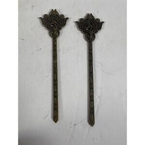 Vintage Bronze Tone Lotus Bird Hair Sticks Pair Ornate Asian Style